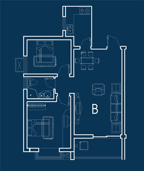 億家運河上郡二房二廳一衛(wèi)1#B戶型