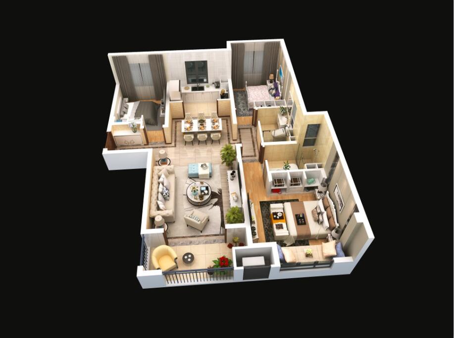 A戶型建面約117平方米，三室兩廳兩衛(wèi)